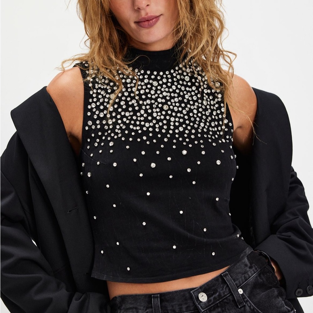 Free People Disco Cowgirl Knit Black Embellished Tank Top